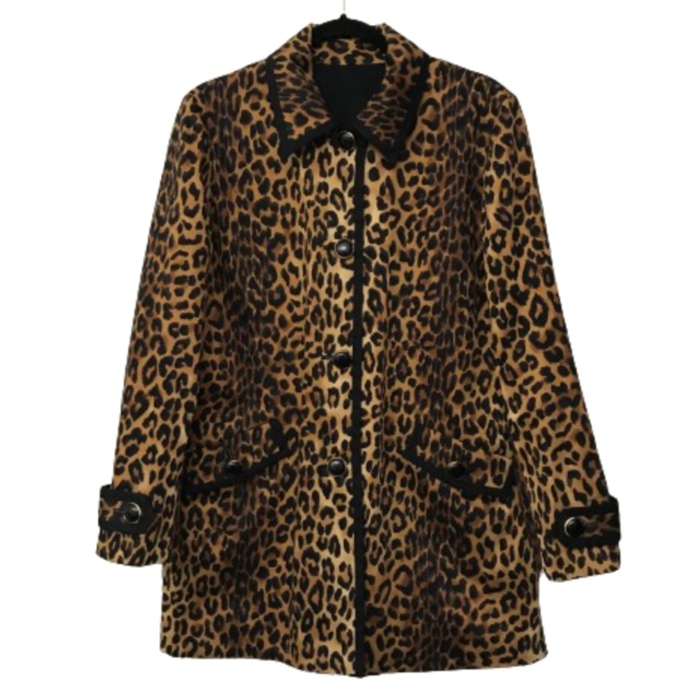 Reversible Black Cheetah Print Coat Jacket Jones New York Oversized Small S/M
